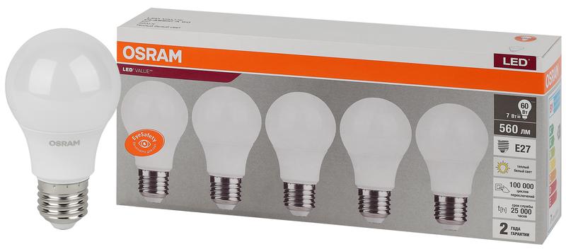 Лампа светодиодная LED Value LVCLA60 7SW/830 грушевидная матовая E27 230В 2х5 RU (уп.5шт) OSRAM 4058075577626